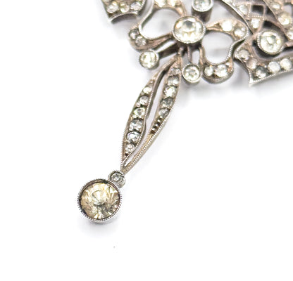 Edwardian Floral Bow Pendant Necklace with Paste Gems in Silver