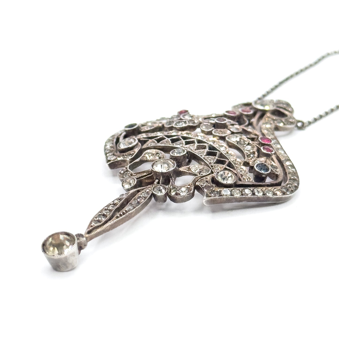Edwardian Floral Bow Pendant Necklace with Paste Gems in Silver