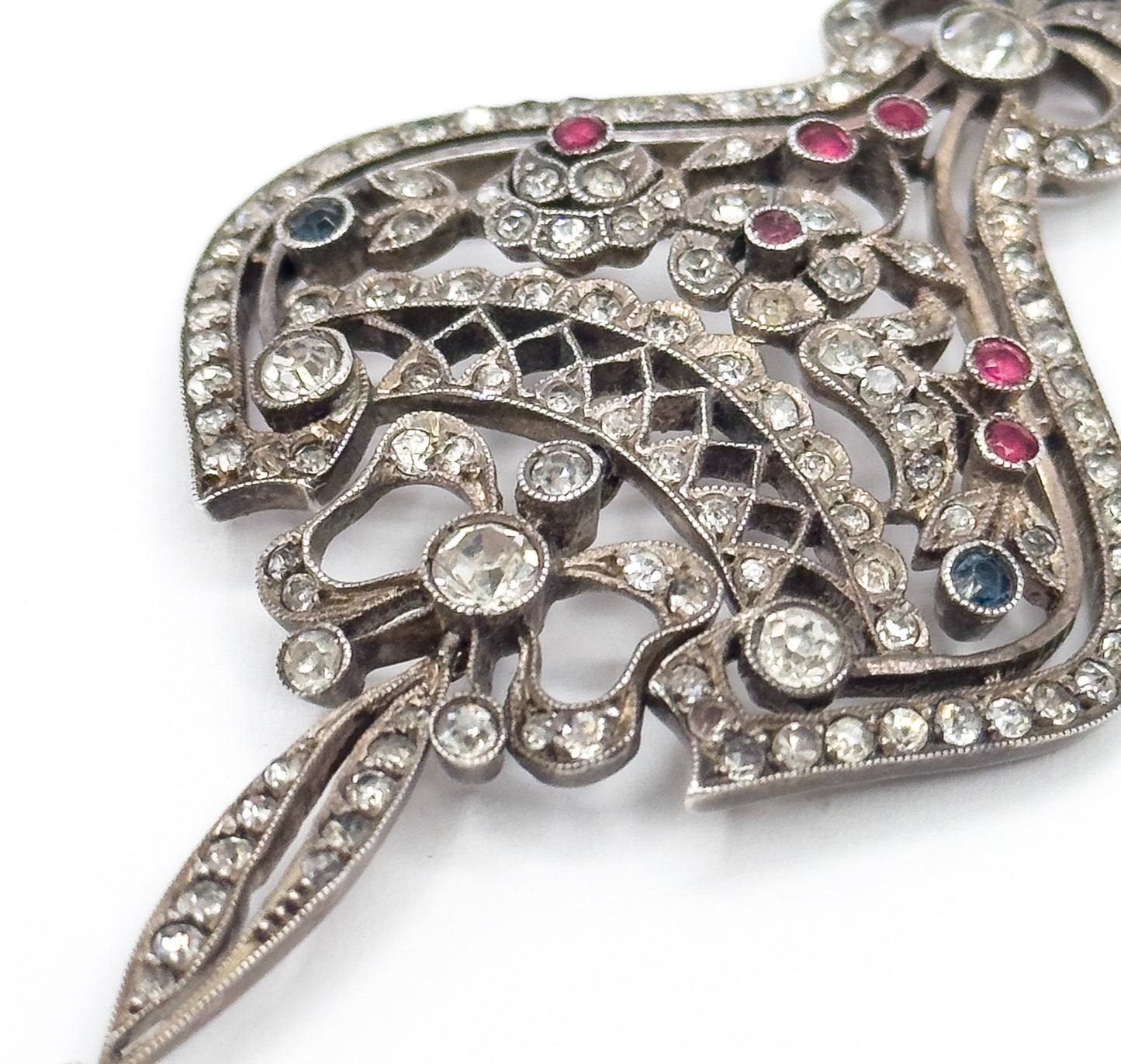 Edwardian Floral Bow Pendant Necklace with Paste Gems in Silver
