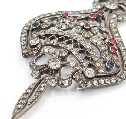 Edwardian Floral Bow Pendant Necklace with Paste Gems in Silver