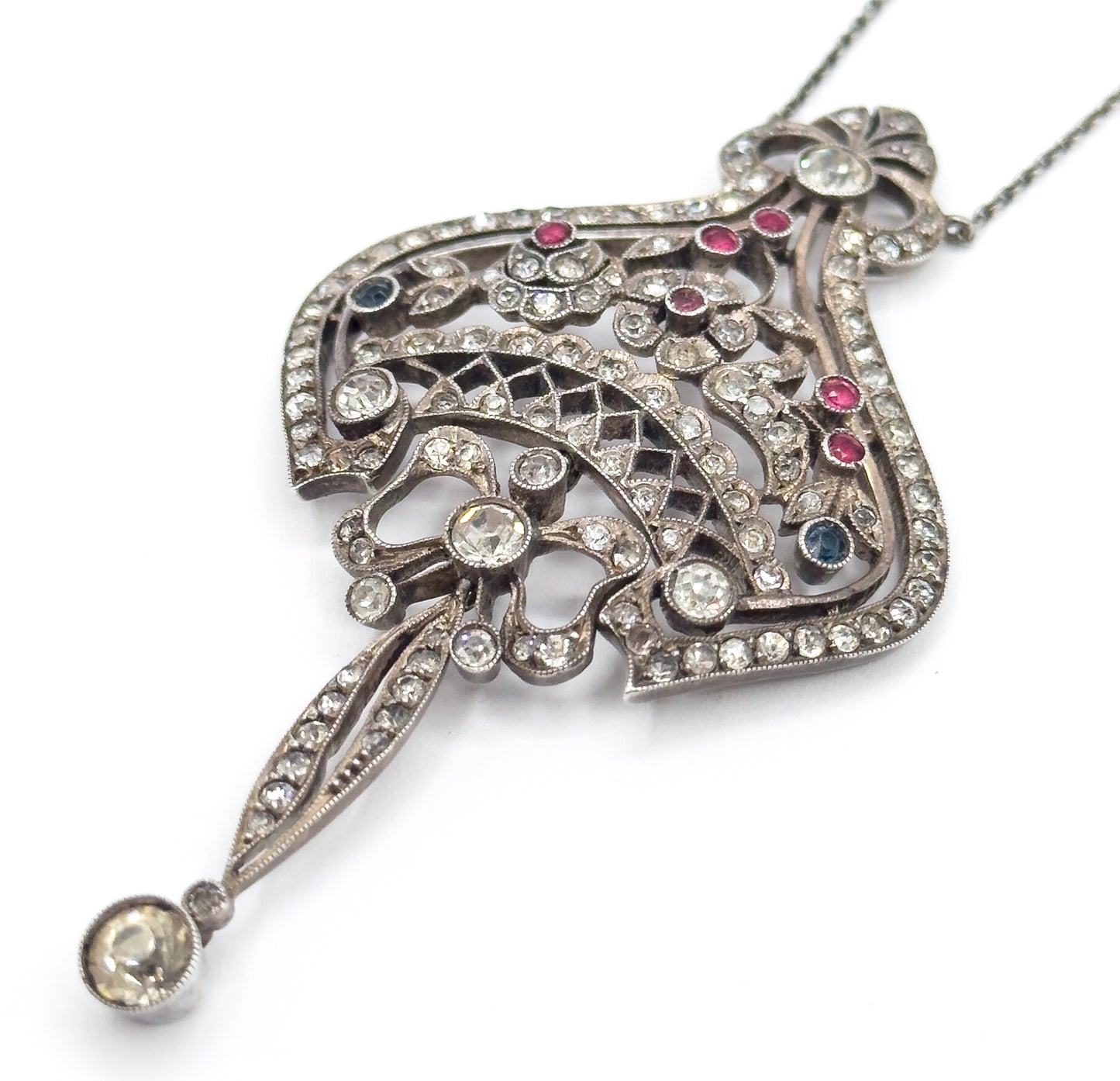 Edwardian Floral Bow Pendant Necklace with Paste Gems in Silver