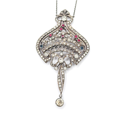 Edwardian Floral Bow Pendant Necklace with Paste Gems in Silver
