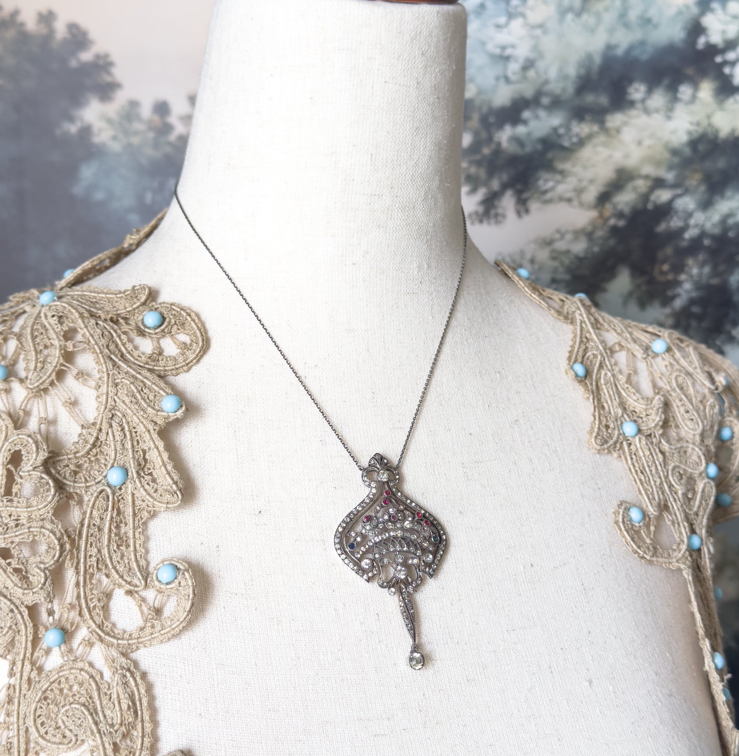 Edwardian Floral Bow Pendant Necklace with Paste Gems in Silver