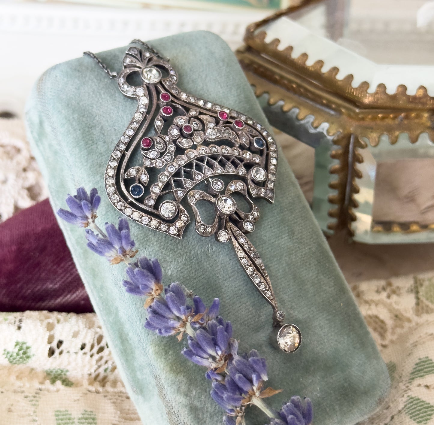 Edwardian Floral Bow Pendant Necklace with Paste Gems in Silver