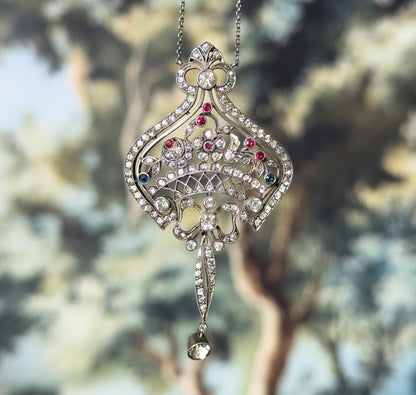 Edwardian Floral Bow Pendant Necklace with Paste Gems in Silver