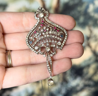 Edwardian Floral Bow Pendant Necklace with Paste Gems in Silver