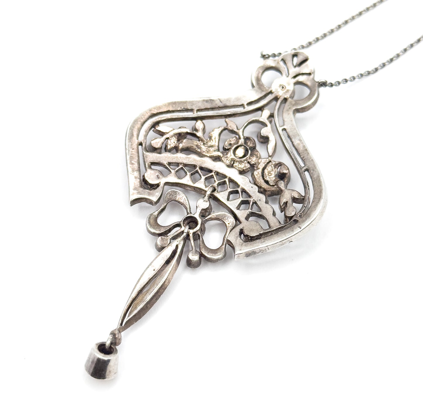 Edwardian Floral Bow Pendant Necklace with Paste Gems in Silver