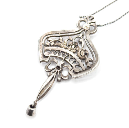 Edwardian Floral Bow Pendant Necklace with Paste Gems in Silver