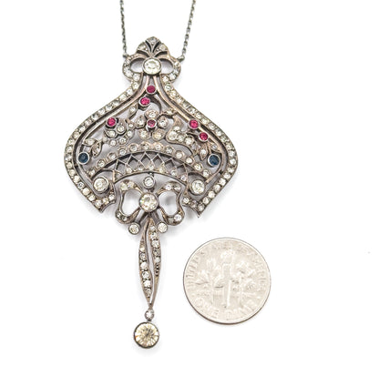 Edwardian Floral Bow Pendant Necklace with Paste Gems in Silver