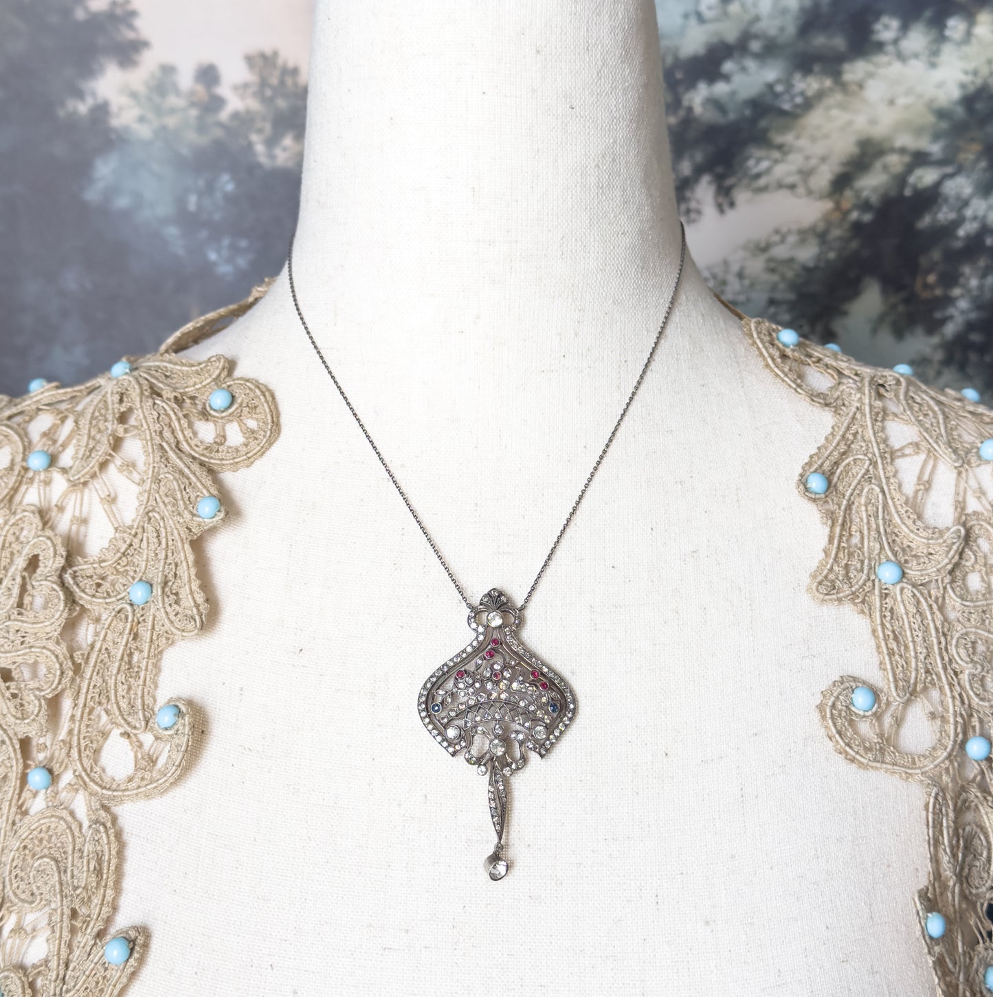Edwardian Floral Bow Pendant Necklace with Paste Gems in Silver