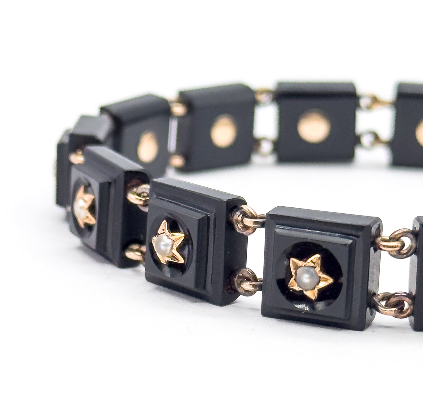 Antique Onyx & Seed Pearl Star Bracelet in 14K Gold