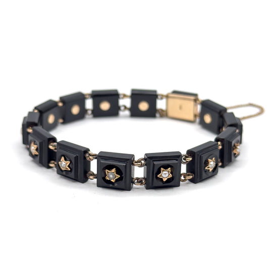 Antique Onyx & Seed Pearl Star Bracelet in 14K Gold