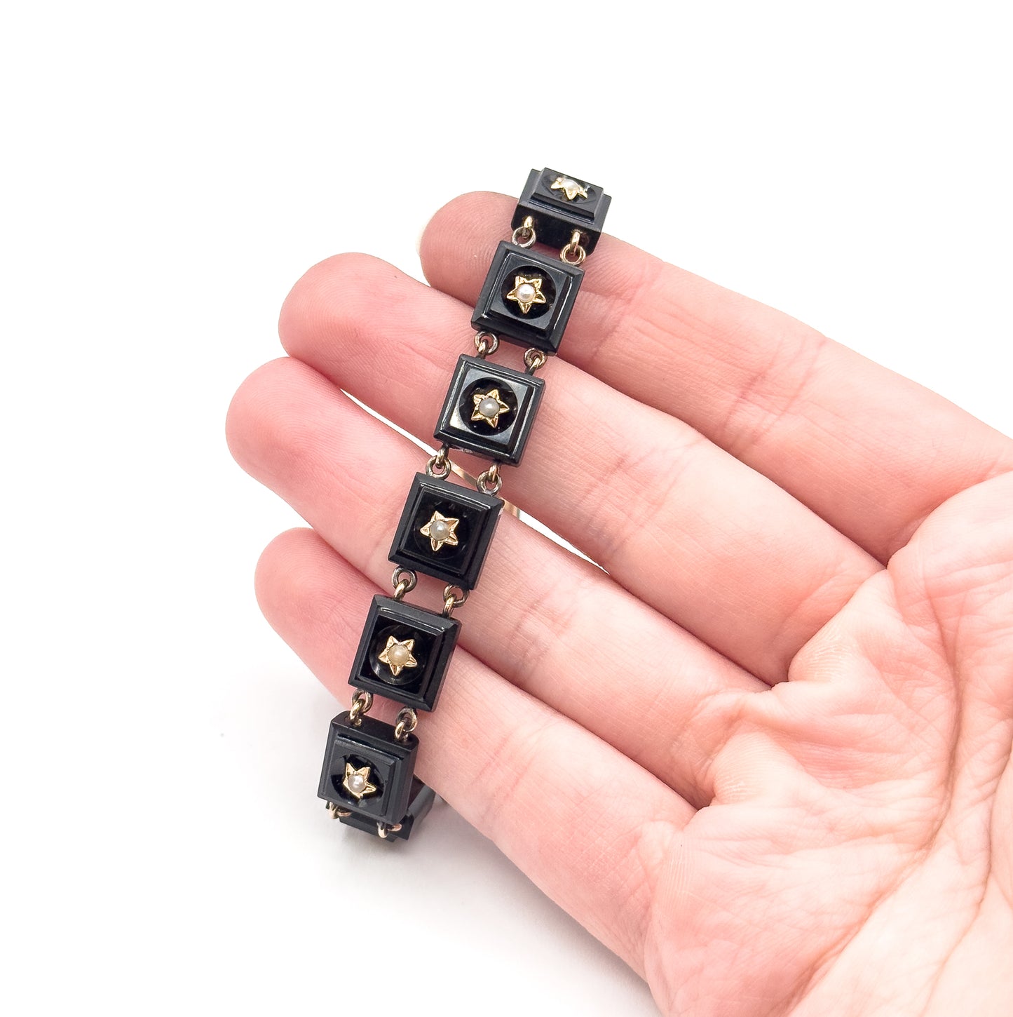 Antique Onyx & Seed Pearl Star Bracelet in 14K Gold