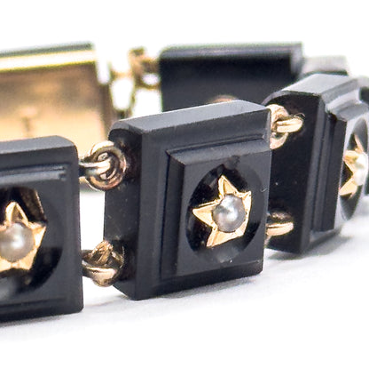 Antique Onyx & Seed Pearl Star Bracelet in 14K Gold