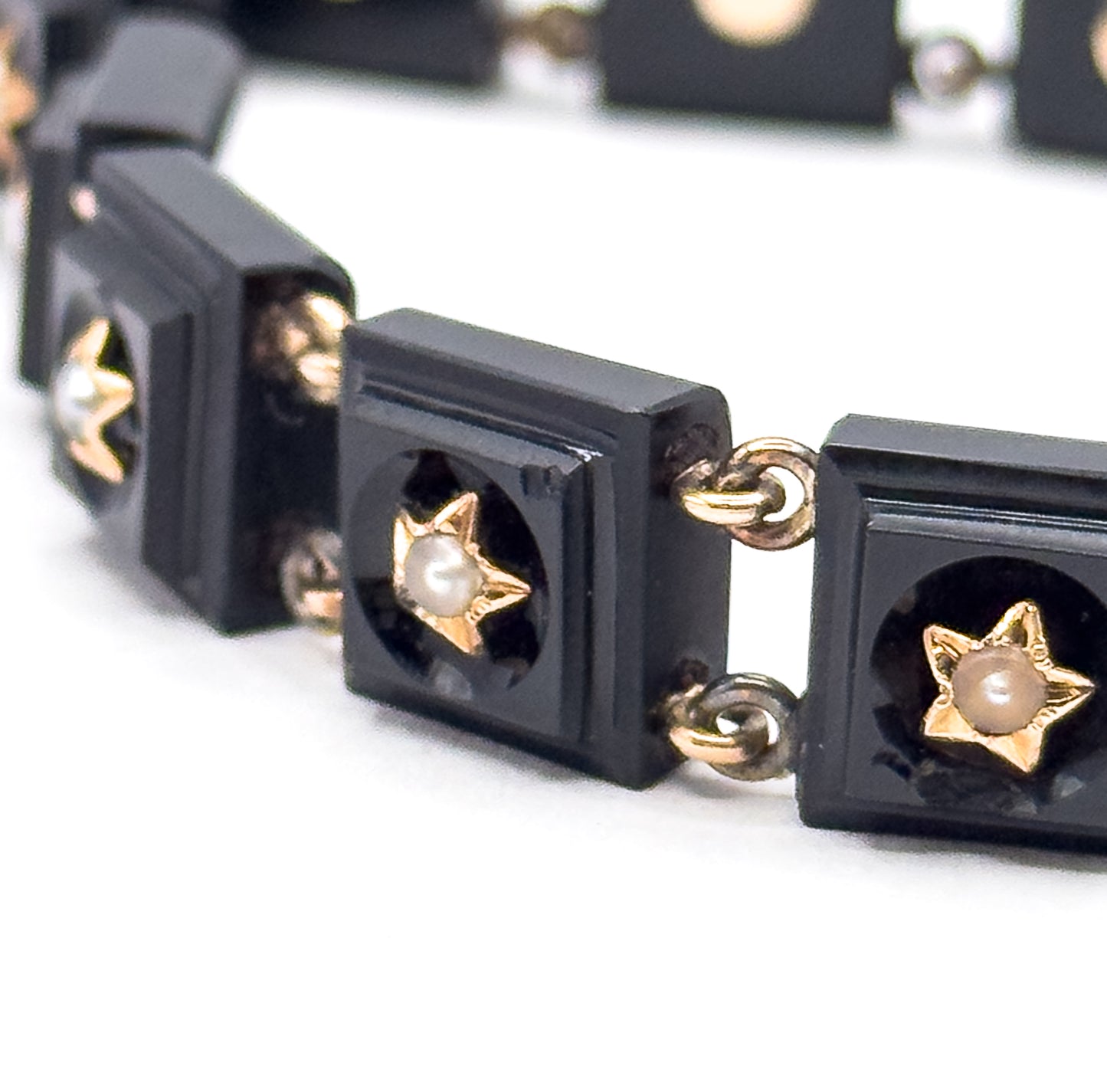 Antique Onyx & Seed Pearl Star Bracelet in 14K Gold