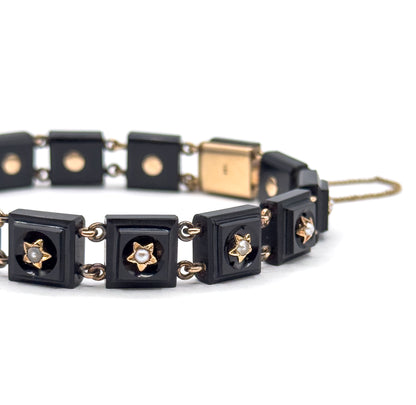 Antique Onyx & Seed Pearl Star Bracelet in 14K Gold