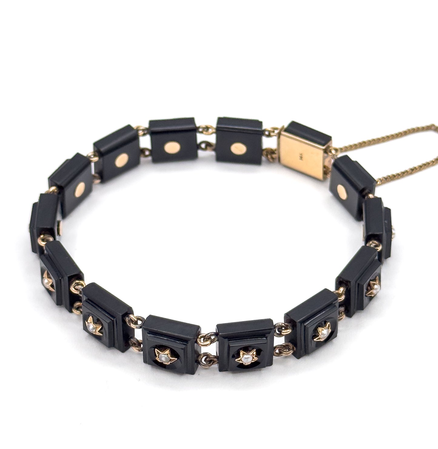 Antique Onyx & Seed Pearl Star Bracelet in 14K Gold
