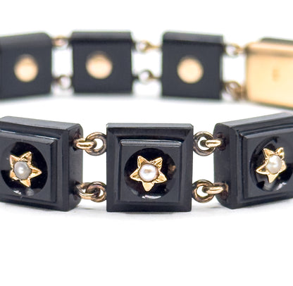 Antique Onyx & Seed Pearl Star Bracelet in 14K Gold
