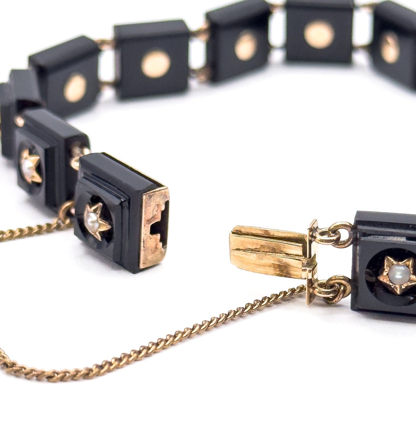 Antique Onyx & Seed Pearl Star Bracelet in 14K Gold