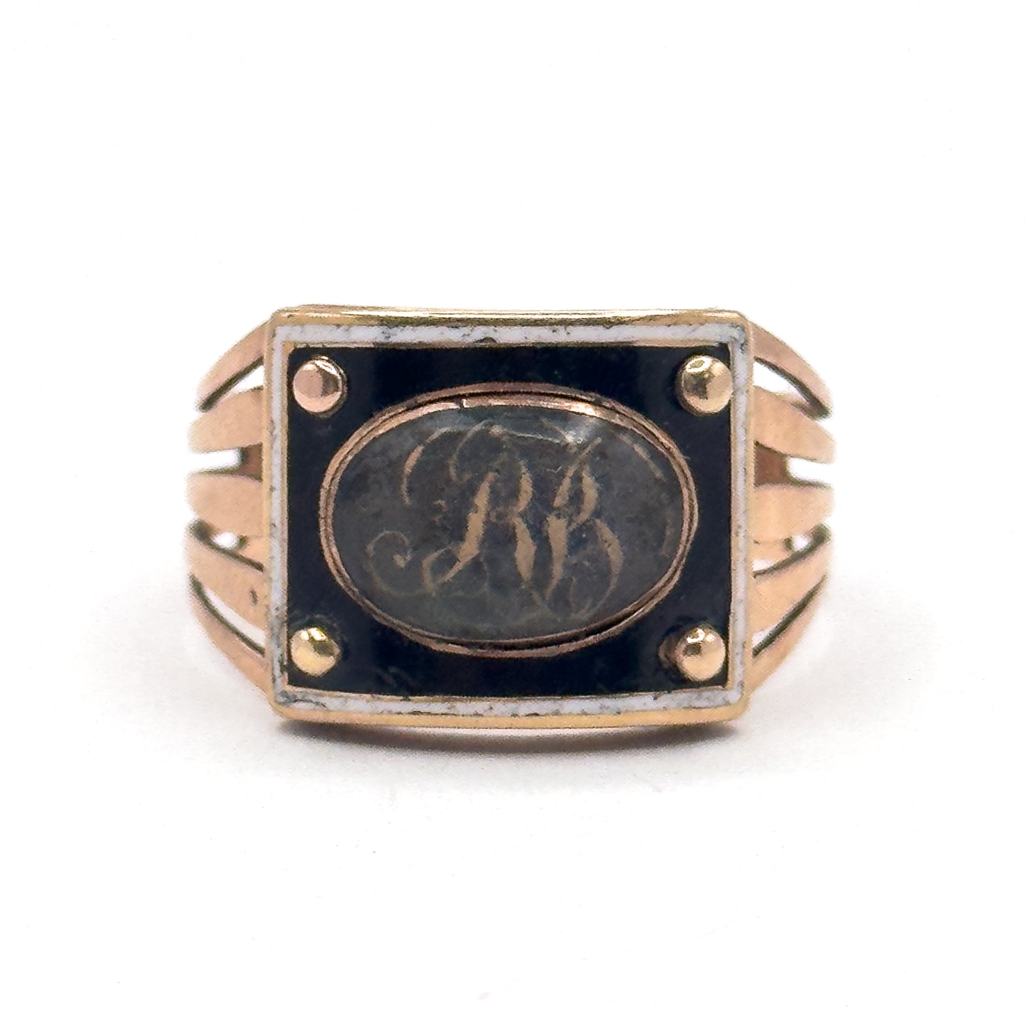 Georgian Enamel Sentimental Mourning Ring with Hairwork Compartment