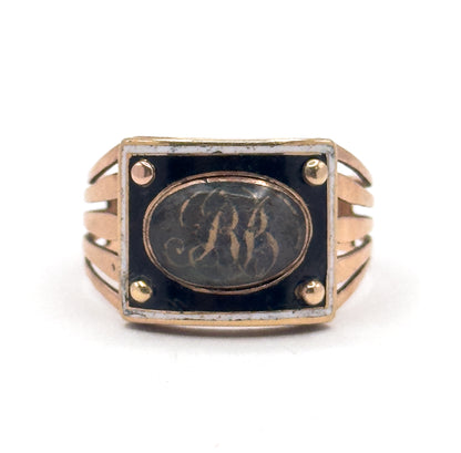 Georgian Enamel Sentimental Mourning Ring with Hairwork Compartment