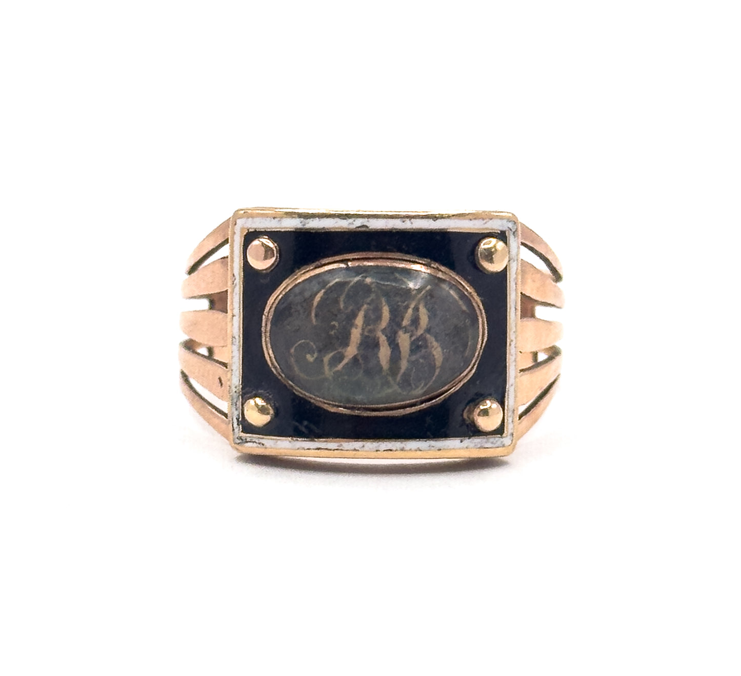 Georgian Enamel Sentimental Mourning Ring with Hairwork Compartment