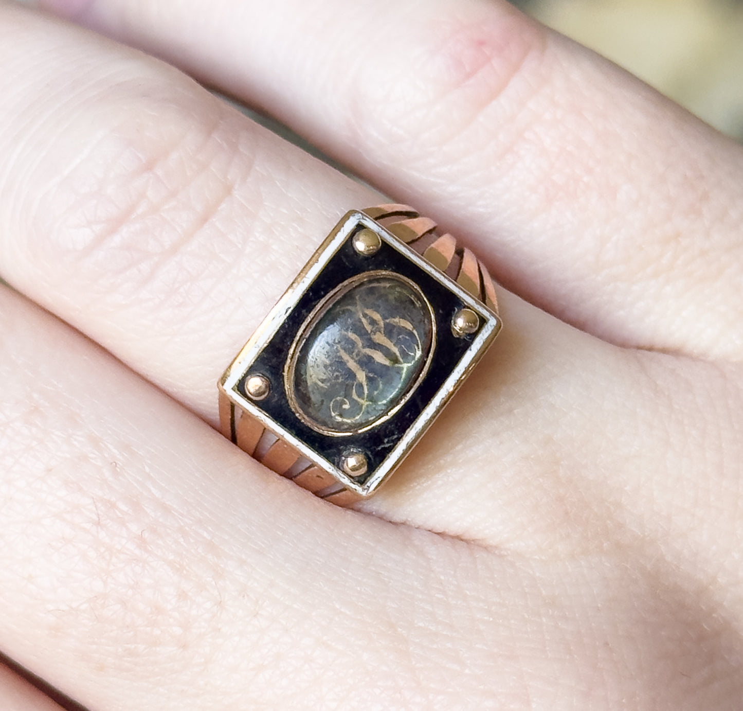 Georgian Enamel Sentimental Mourning Ring with Hairwork Compartment
