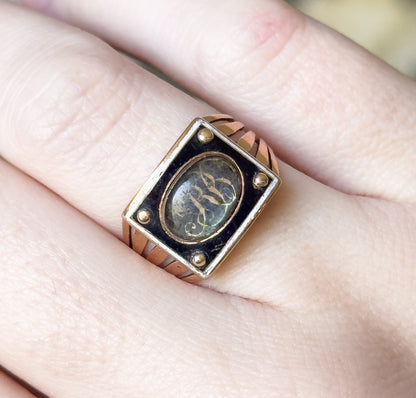 Georgian Enamel Sentimental Mourning Ring with Hairwork Compartment