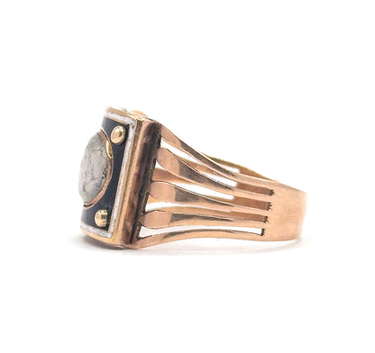 Georgian Enamel Sentimental Mourning Ring with Hairwork Compartment