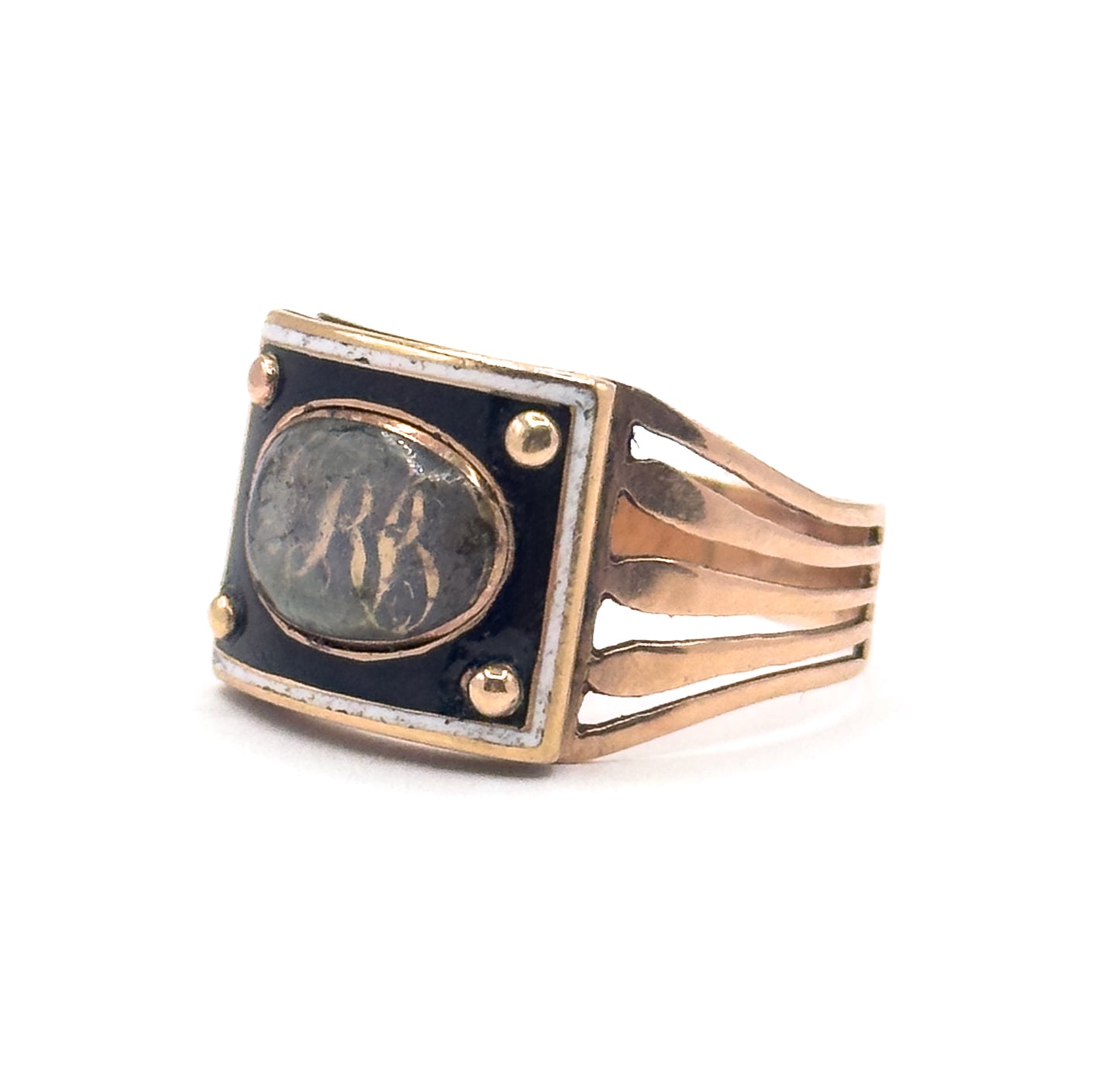 Georgian Enamel Sentimental Mourning Ring with Hairwork Compartment