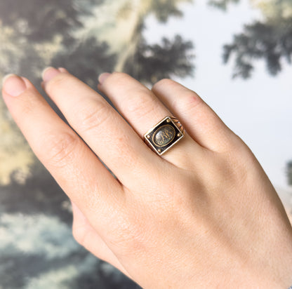 Georgian Enamel Sentimental Mourning Ring with Hairwork Compartment