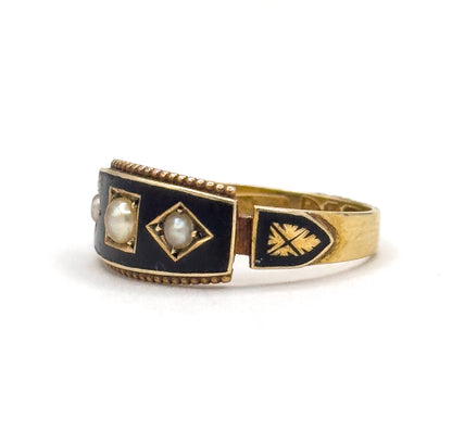 Victorian Pearl & Enamel Mourning Ring in 15K Yellow Gold, Hallmarked