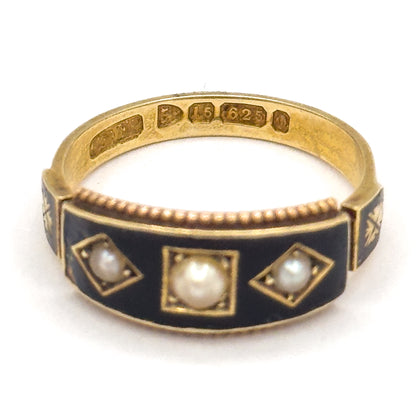 Victorian Pearl & Enamel Mourning Ring in 15K Yellow Gold, Hallmarked
