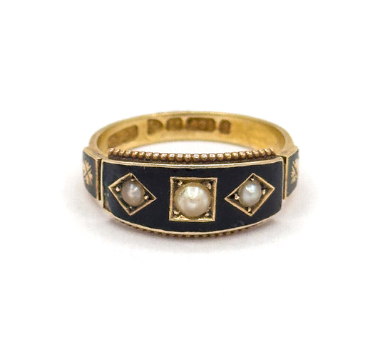 Victorian Pearl & Enamel Mourning Ring in 15K Yellow Gold, Hallmarked