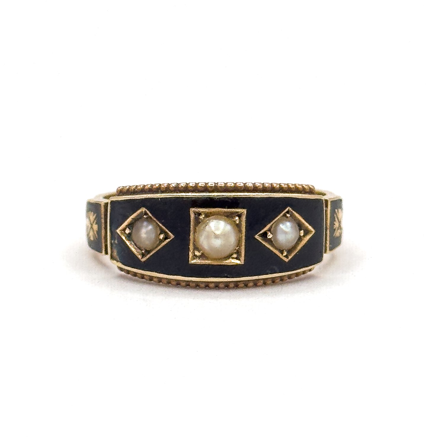 Victorian Pearl & Enamel Mourning Ring in 15K Yellow Gold, Hallmarked