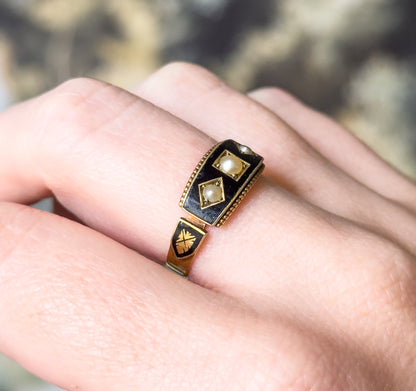 Victorian Pearl & Enamel Mourning Ring in 15K Yellow Gold, Hallmarked