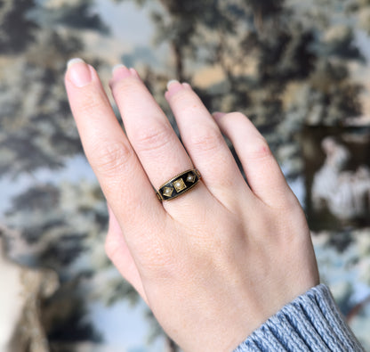 Victorian Pearl & Enamel Mourning Ring in 15K Yellow Gold, Hallmarked