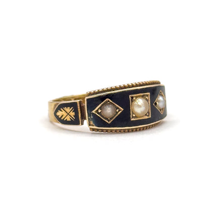 Victorian Pearl & Enamel Mourning Ring in 15K Yellow Gold, Hallmarked