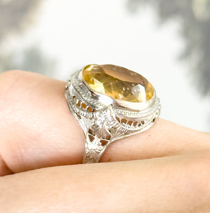Art Deco Citrine Bezel Filigree Ring in 14K White Gold