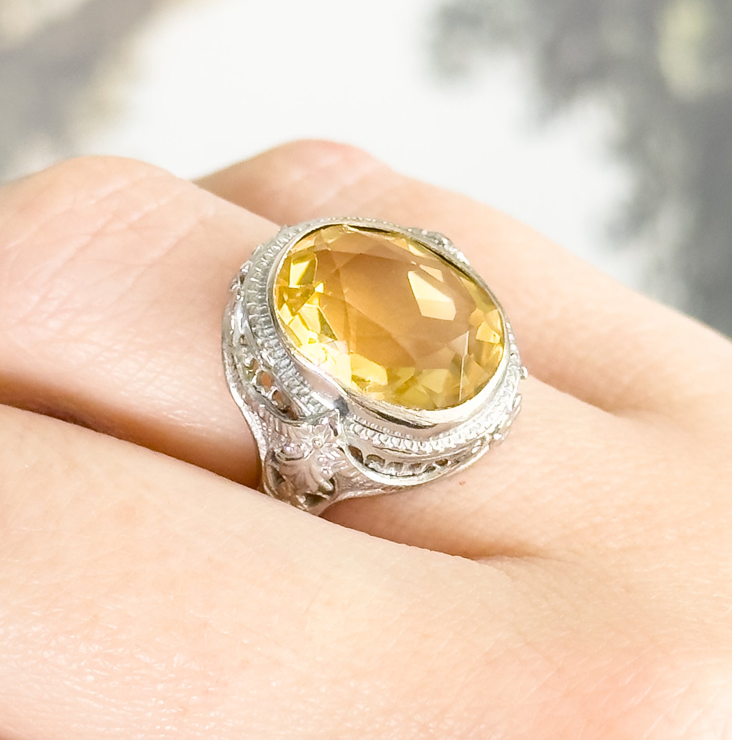 Art Deco Citrine Bezel Filigree Ring in 14K White Gold