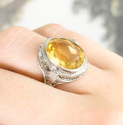 Art Deco Citrine Bezel Filigree Ring in 14K White Gold