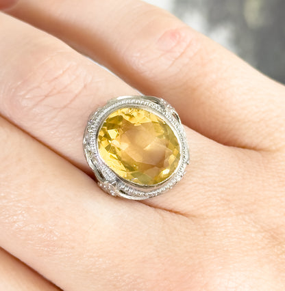 Art Deco Citrine Bezel Filigree Ring in 14K White Gold