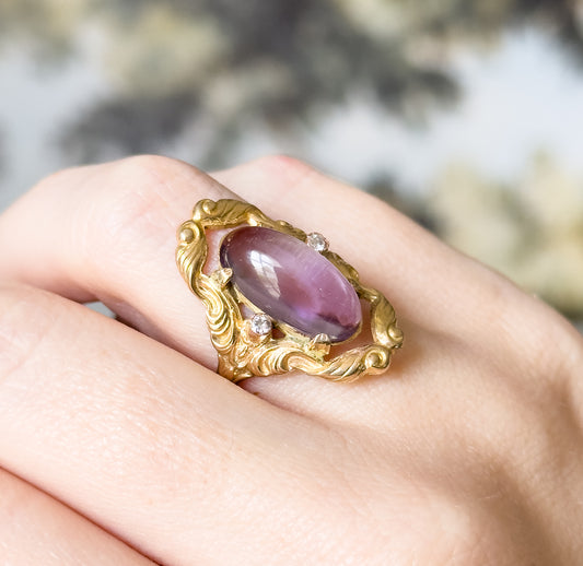 Vintage Cabochon Amethyst & Diamond Ring in 12K Gold