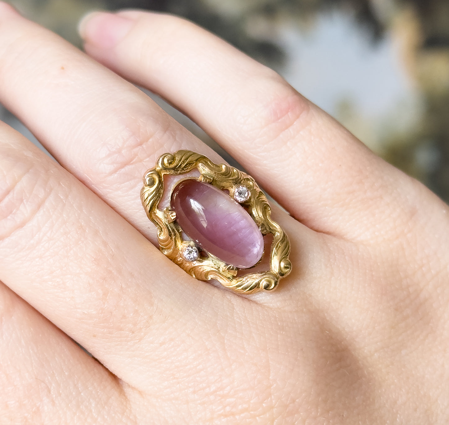 Vintage Cabochon Amethyst & Diamond Ring in 12K Gold