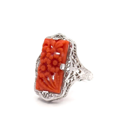 Art Deco Carved Coral Flower Filigree Ring in 14K White Gold