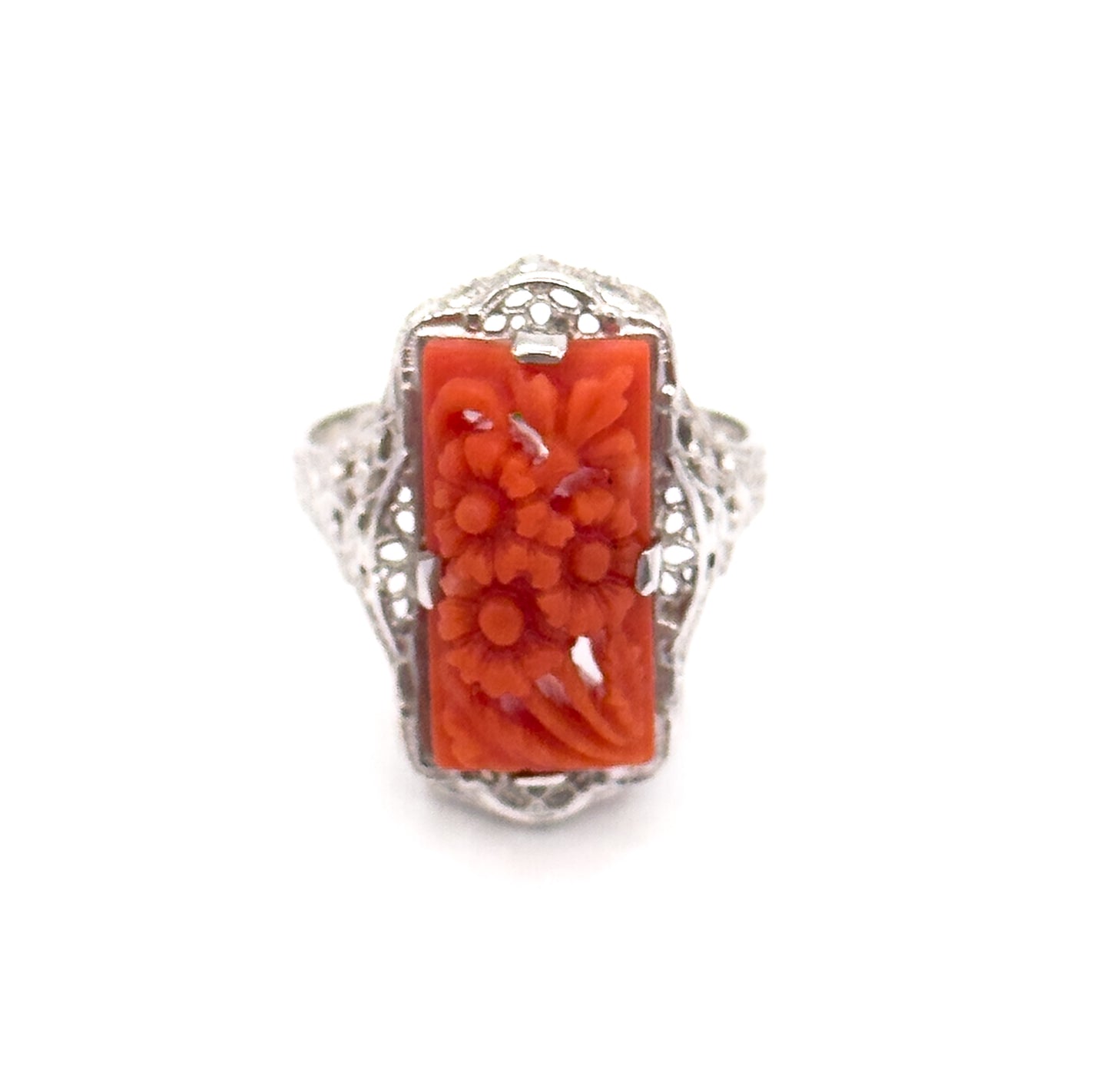 Art Deco Carved Coral Flower Filigree Ring in 14K White Gold