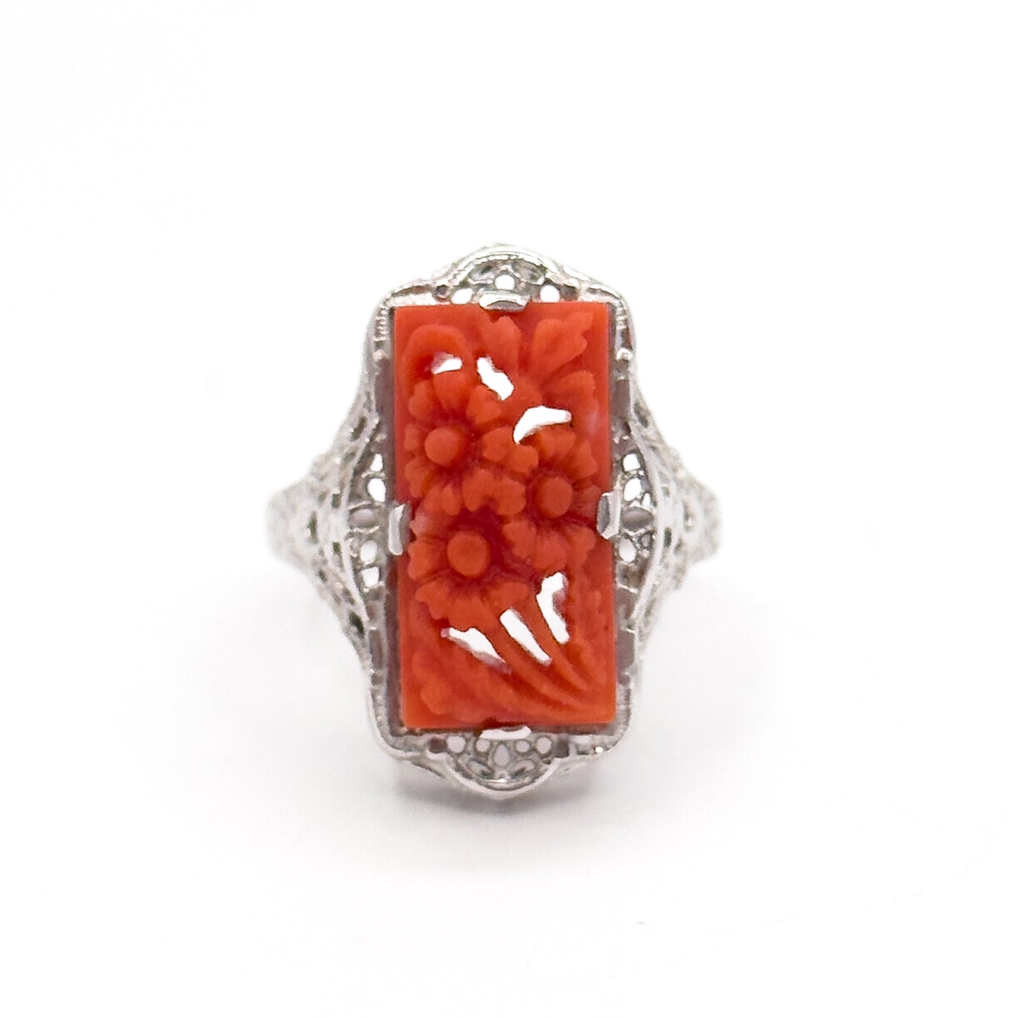 Art Deco Carved Coral Flower Filigree Ring in 14K White Gold