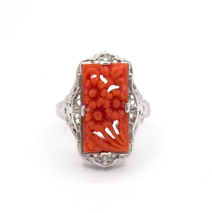 Art Deco Carved Coral Flower Filigree Ring in 14K White Gold