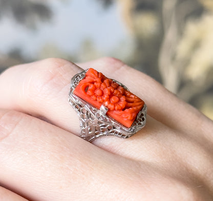 Art Deco Carved Coral Flower Filigree Ring in 14K White Gold