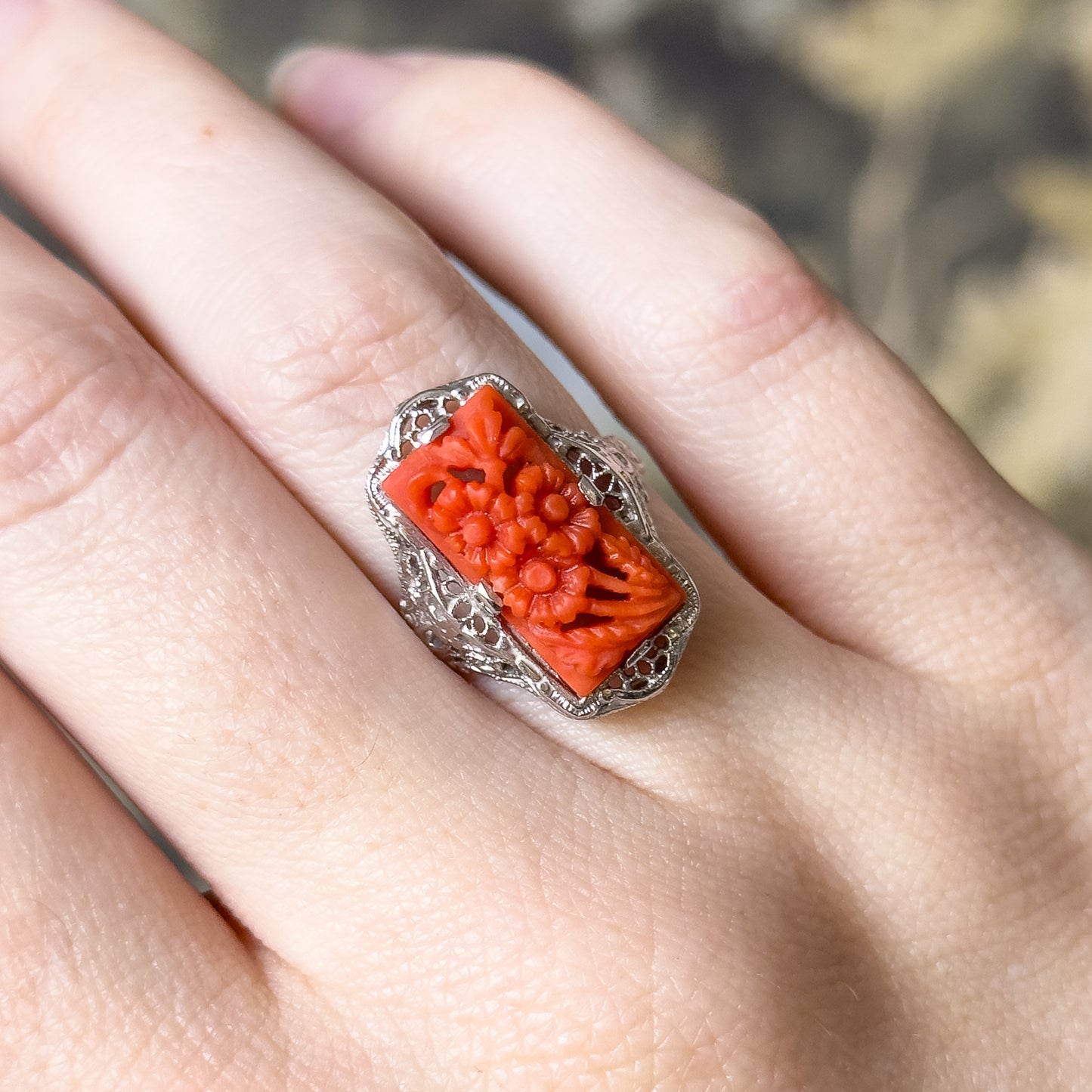 Art Deco Carved Coral Flower Filigree Ring in 14K White Gold